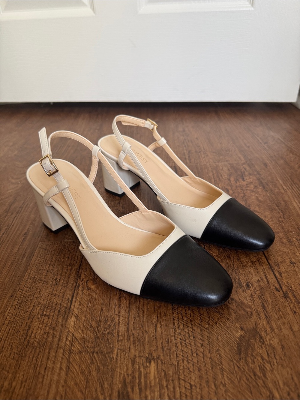 Nine West Two-Tone Black and Cream Slingback Block Heels